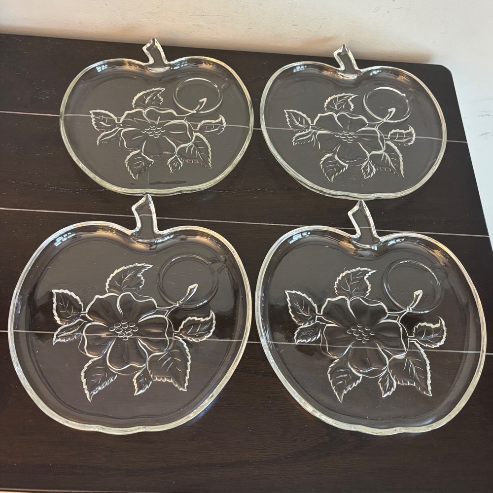Vintage Hazel Atlas Apple Blossom | Set of 4 | Clear Glass | Snack Plates Only